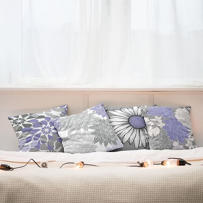 Ambesonne Floral Throw Pillow Cushion Case Pack of 4, Flower Petals Modern Color Palette Chamomile Peony Dahlia and Sunflower Print, Modern Accent Double-Sided Digital Printing, 20", Lavender and Grey