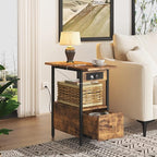 LIDYUK End Table with Charging Station, Narrow Side Table with Drawer and USB Ports & Power Outlets, Nightstand Bedside Tables for Small Spaces, Bedroom, Living Room, Rustic Brown