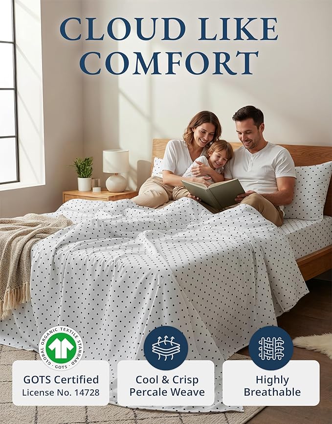 LANE LINEN 100% Organic Cotton Printed California King Sheets Set, Fully Elasticized Reinforsed Seams in Fitted Pocket, Naturally Cooling All Season Cal King Sheet Deep Pocket Bedding- Polka Dot