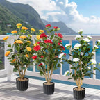 36” Artificial Camellia Tree 2 Packs, Faux Camellia Plant in Pebbles Pot with White Flowers, Greenery Camellia Tree for Spring Home Front Door Outdoor Indoor Decoration, White