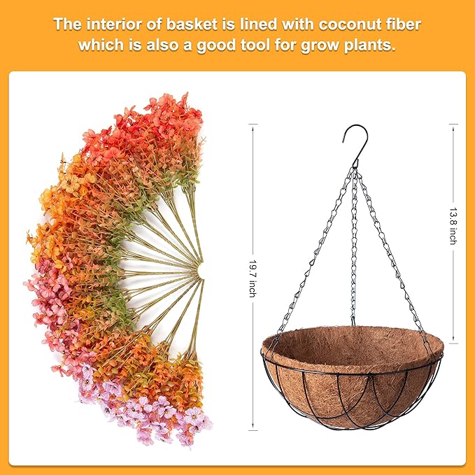 Artificial Fake Hanging Flowers Plants with Basket Outdoor, Faux Silk Colorful Daisy Metal Coconut Lining Plastic Shrubs, Farmhouse Home Garden Patio Yard Decor (Orange Yellow Purple Pink)