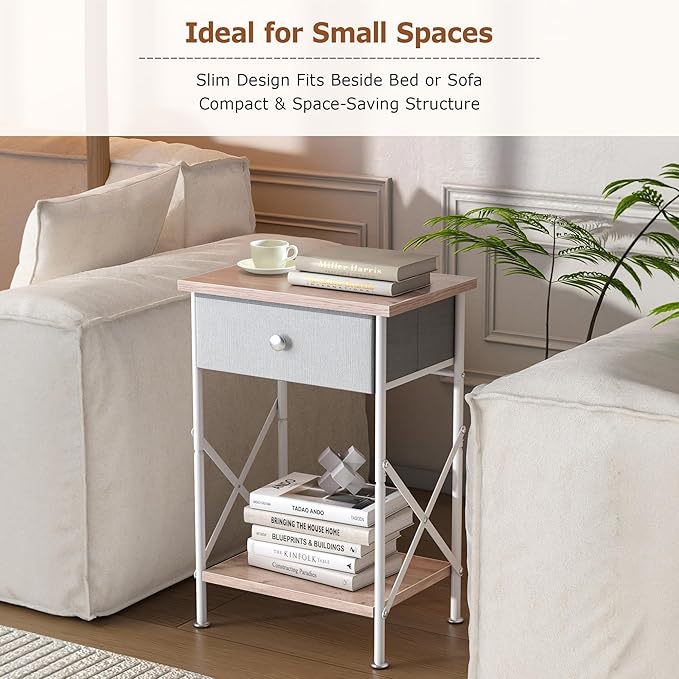 VECELO Nightstand with Drawer, Small Bedside Table with Storage and Adjustable Metal Legs, Wood End Table for Bedroom or Living Room, Perfect for Small Spaces and Modern Farmhouse Décor, Light Brown