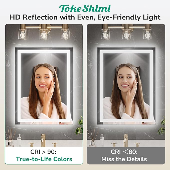 TokeShimi 24x32 LED Mirror for Bathroom,Backlit + Front lit,Lighted Mirrors for Bathroom Wall,Stepless Dimmable 3 Colors,Shatterproof,Tempered Glass,Memory Function,UL Listed