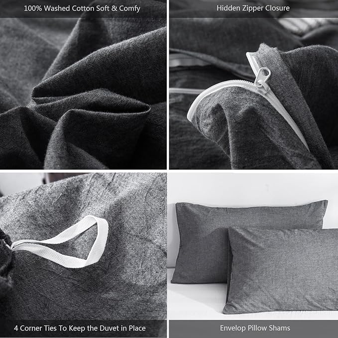 MooMee Bedding Duvet Cover Set 100% Washed Cotton Linen Like Textured Breathable Durable Soft Comfy (Heathered Dark Grey, Super King 108"x98")
