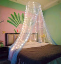 Eimilaly Two-Tone Bed Canopy Mosquito Net White Blue with 250pcs Warm White Lights, Bed Canopy for Girls Room Decor, Single Door