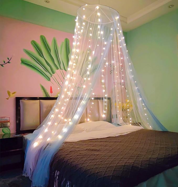 Eimilaly Two-Tone Bed Canopy Mosquito Net White Blue with 250pcs Warm White Lights, Bed Canopy for Girls Room Decor, Single Door