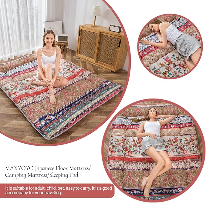 MAXYOYO Bohemian Retro Floor Mattress Vintage Floral Japanese Futon Mattress Roll Up Thicken Sleeping Bed Portable Camping Mattress Floor Lounger Couch Bed Mattress Pad, Full Size
