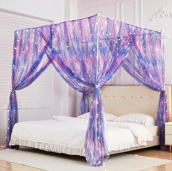 Mengersi Tie Dye Canopy Bed Curtains with Lights,Gradient Ombre Bed Canopy for Girls,Canopy for Bed Princess Bed Drapes for Girls Room Decor(Full,Purple)