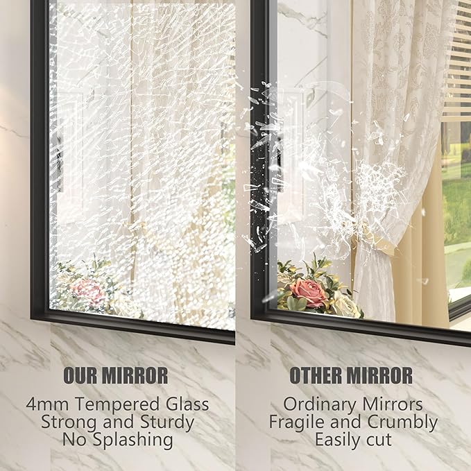 48x30 Inch Black Metal Framed Bathroom Mirror for Wall, Black Matte Rectangle Bathroom Vanity Mirror, Square Corner, Anti-Rust, Tempered Glass, Hangs Horizontally or Vertically
