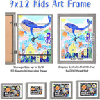 KINLINK 9x12 Kids Art Frames Set of 2, Solid Wood Kids Artwork Frames Changeable with Acrylic Front Opening Holds 150 Pictures, Art Frame for Kids Artwork with Mat or without Mat, Grey