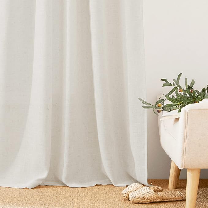 RYB HOME Natural Linen Curtains for Living Room Bedroom, Light Filtering Lightweight Short Window Treatments Boho Country Rustic Semi Sheer Drapes, W 34 x L 45 inches, Linen, 2 Panels Set