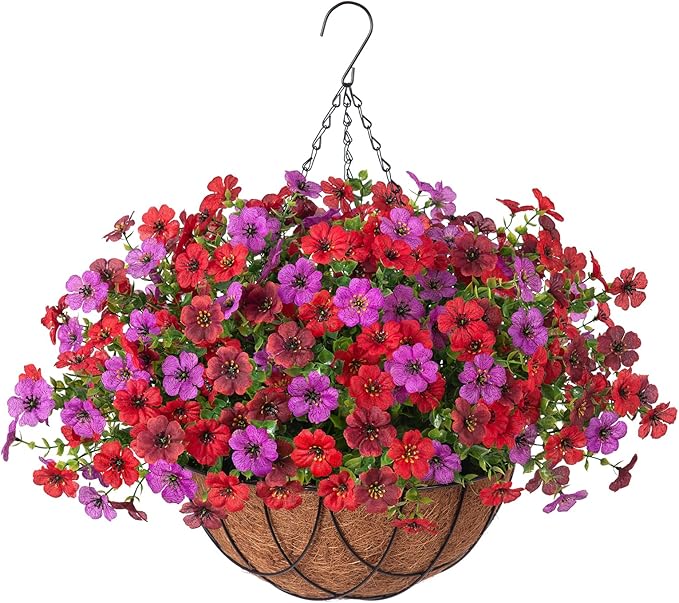 Artificial Silk Flowers Hanging Baskets Outdoors Indoors, Daisy with Eucalyptus Leaves Arrangement for Garden Yard Spring Summer Decor Faux Green Plant Metal Coconut Lining (Red Purple Red Brown)