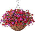 Artificial Silk Flowers Hanging Baskets Outdoors Indoors, Daisy with Eucalyptus Leaves Arrangement for Garden Yard Spring Summer Decor Faux Green Plant Metal Coconut Lining (Red Purple Red Brown)