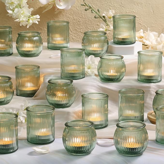 24pcs Assorted Green Votive Candle Holders for Table Centerpiece, Ribbed Tea Lights Candle Holder Glass, Green Candle Holders for Wedding Table Decor, Bridal Shower and Tea Party Decorations