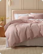 Bedsure Cotton Duvet Cover Queen - 100% Cotton Waffle Weave Pink Duvet Cover Queen Size, GentleSoft™ and Breathable Bedding Set for All Season, 3 Pieces, 90"x90"
