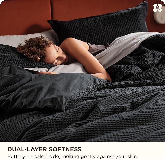 Bedsure Cotton Duvet Cover Queen Size - 100% Cotton Waffle Weave Black Duvet Cover Queen Size, GentleSoft™ and Breathable Bedding Set for All Season, 3 Pieces, 90"x90"