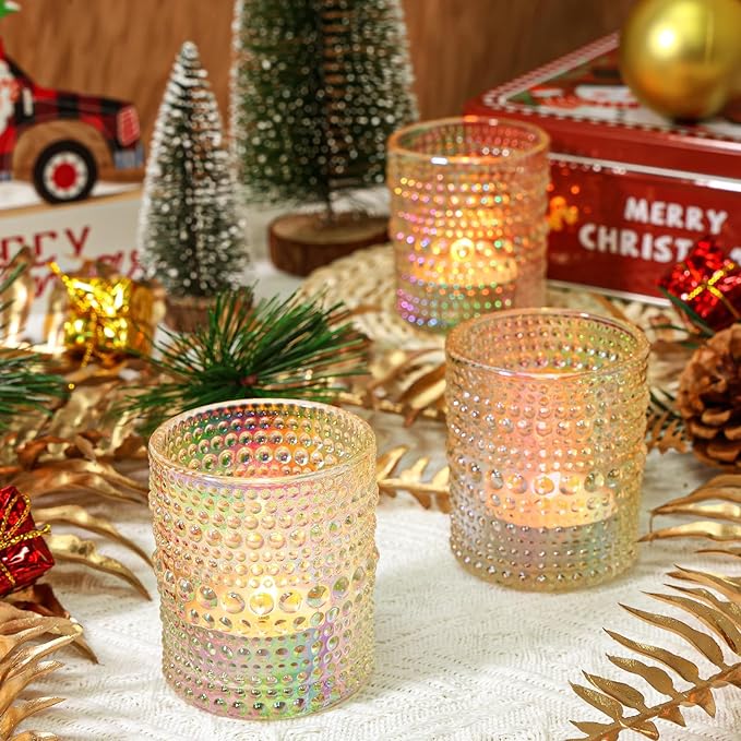 24 Pcs Votive Candle Holders, Iridescent Glass Holders Bulk for Table Centerpiece, Tea Lights Candle Holders for Wedding Shower, Party and Home Decor