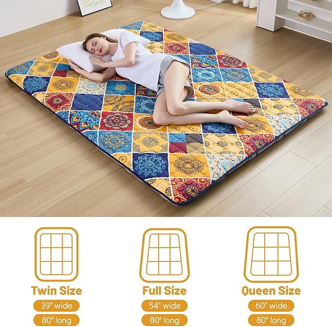 Japanese Floor Mattress Twin, Anti-Slip Japanese Futon Foldable Tatami Mat for Guests, Boho Orange Checkered