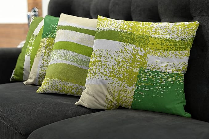 Ambesonne Grunge Throw Pillow Cushion Case Pack of 4, Abstract Design Simplistic Minimal Stripes Brushstrokes Contemporary, Modern Accent Double-Sided Digital Printing, 18", Lime Green Cream and White