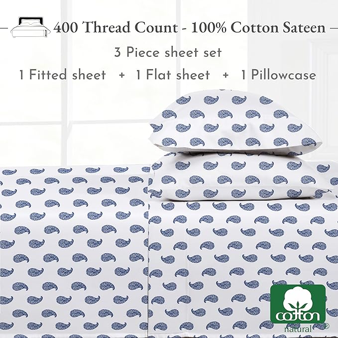 California Design Den Printed Twin XL Sheet Sets - 400 Thread Count Sateen, Natural 100% Cotton Sheets Set, Deep Pockets, Cooling and Durable Bedding Set - Paisley Blue
