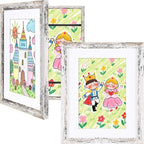 KINLINK 8.5x11 Kids Art Frames Set of 2, Solid Wood Kids Artwork Frames Changeable with Acrylic Front Opening Holds 150 Pictures, Art Frame for Kids Artwork with Mat or without Mat, Rustic White