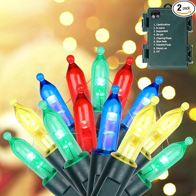 Blissun Christmas Lights, 50-Count Green Wire Light Set, Battery Operated Christmas Mini String Light with 8 Modes, 16 ft Fairy Lights for Christmas Tree Garden Wreath Decorations (1 Pack, Multicolor)