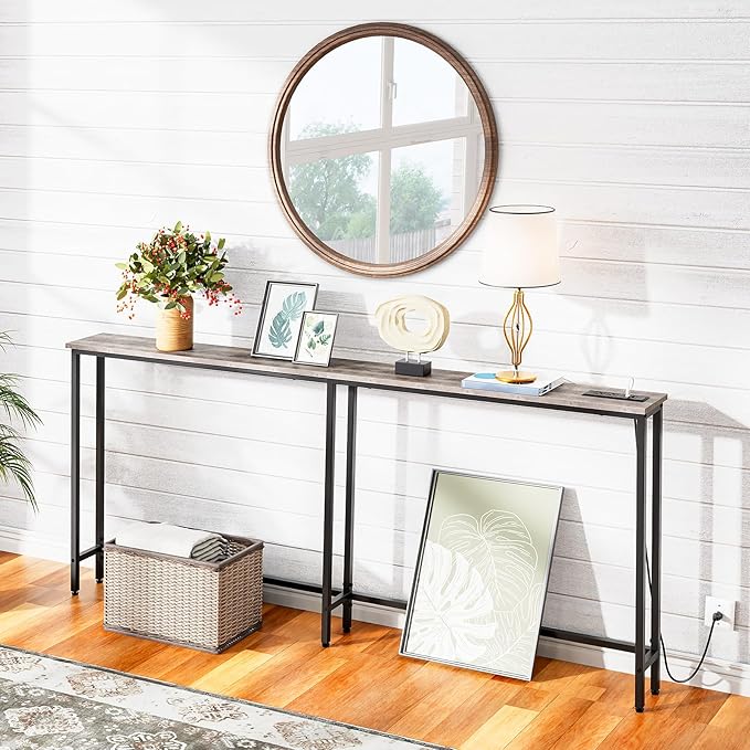 HOOBRO 70.9" Narrow Console Table with Charging Station, 5.9" Sofa Table with 2 Power Outlets and USB Ports, Long Entryway Tables Behind Couch Table, for Hallway, Living Room, Greige BG185UXG01