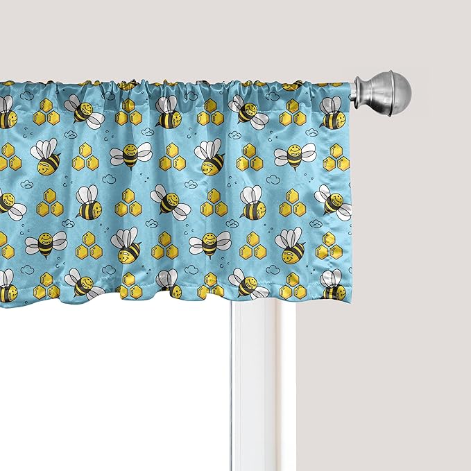 Ambesonne Cartoon Window Valance Pack of 2, Summer Style Funny Demonstration of Happy Flying Characters and Hexagon Comb, Rod Pocket Curtain Valances for Kitchen Bedroom, 42" X 12", Sky Blue Mustard