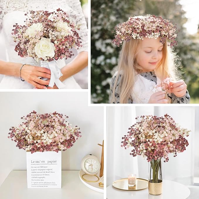 Baby Breath Fall Flowers Artificial Bulk, 15Pcs Fall Decor Fake Gypsophila Plants Bouquets Flowers Real Touch Faux Babies Breath Arrangement for Home Autumn Wedding Party Vase Decoration Pink