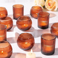 30pcs Assorted Ribbed Amber Votive Candle Holders, Amber Tea Lights Candle Holder for Wedding Decorations, Clear Glass Candle Holders for Fall Decor, Vintage Boho Party Home Table Centerpieces Decor