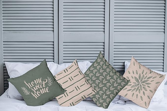 Ambesonne Modern Throw Pillow Cushion Case Pack of 4, Scandinavian Minimal Ornaments Boho Feather Leaves and Home Phrase, Modern Accent Double-Sided Digital Printing, 20", Pale Tan and Reseda Green