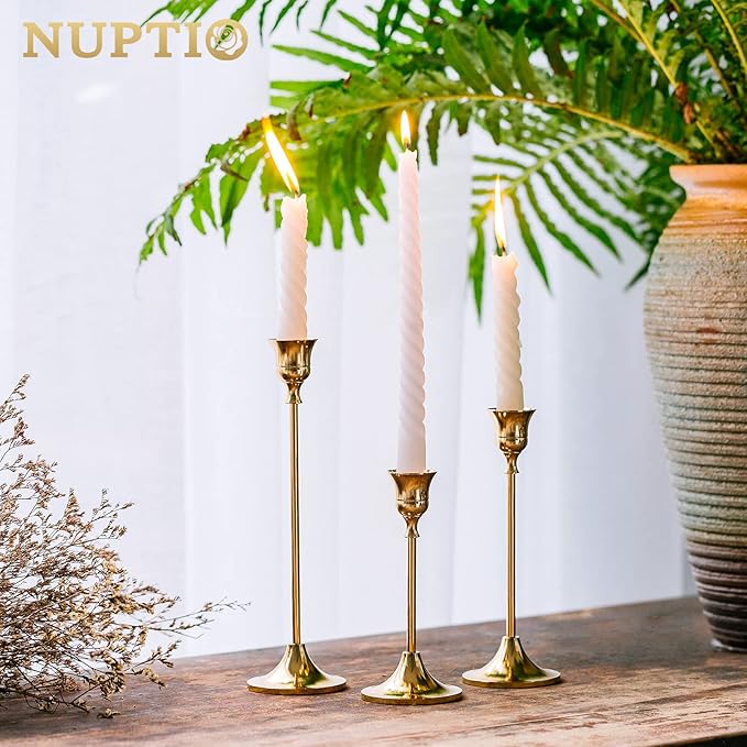 5 Sets(15 Pcs) Brass Gold Metal Taper Candle Holders Candlestick Holders, Vintage Modern Decorative Centerpiece Candlestick Holders for Table Mantel Wedding Housewarming Gift
