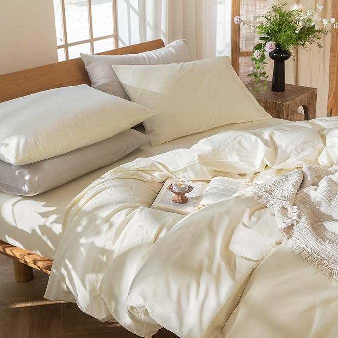 MooMee Bedding Duvet Cover Set 100% Washed Cotton Linen Like Textured Breathable Durable Soft Comfy (Solid Cream White, Queen 90"x90")