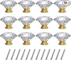 Tomorotec 12-Pack 40mm White Crystal Glass Cabinet Drawer Pull with Gold Base for Modern & Classic Styles, Easy-to-Install Elegant Home Decor Upgrade with Durable Hardware for Vanity, Wardrobe, Desk