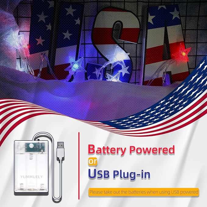 4th of July Decorations Red White and Blue Star String Light Battery Operated 10FT 20 LED Indoor Outdoor Waterproof Twinkle Patriotic Fairy Lights for Independence Day Memorial Day