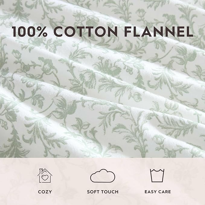 Laura Ashley - Flannel Sheets Queen Size, Anti-Pilling & Wrinkle Resistant Cotton, Touchably Soft for All-Season Comfort - Bed Sheets with Matching Pillowcases & Fitted Sheet (Brinna Green)