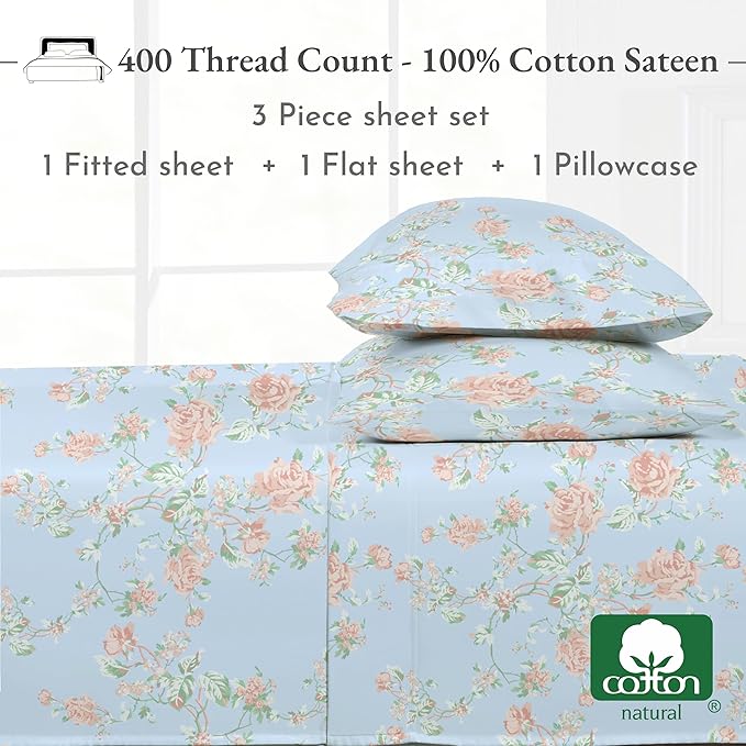 California Design Den Printed Twin XL Sheet Sets - 400 Thread Count Sateen, Natural 100% Cotton Sheets, Deep Pockets, Cooling and Durable Bedding Set - Antique Rose