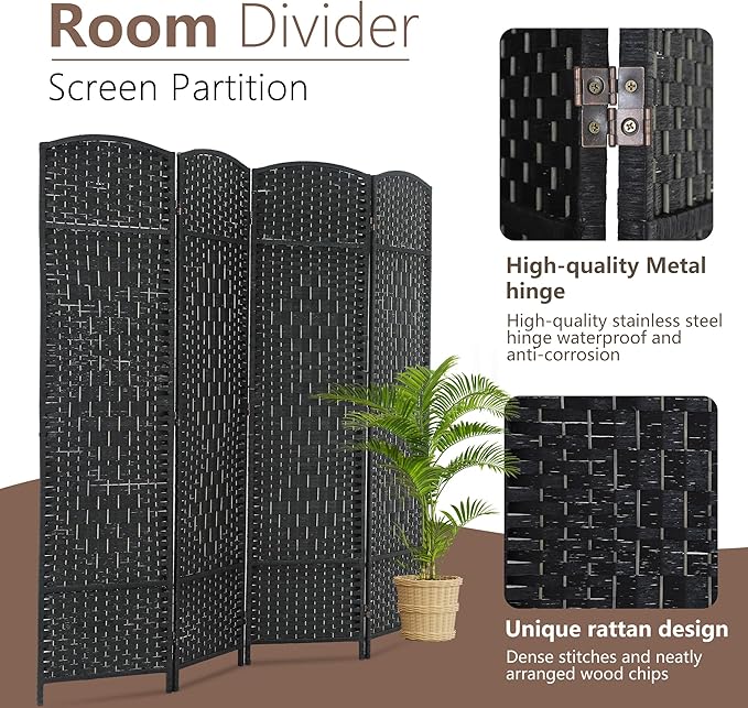 4 Panel Room Divider Folding Privacy Divider 6 Ft Indoor Wall Divider Portable Partition Wood Screen, Black