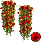 RECUTMS Hanging Flowers Artificial Hanging Rose Flower 2PCS 3.3Ft for Outdoors with 30 LED Fairy String Lights for Indoor Wall Wedding (Red)