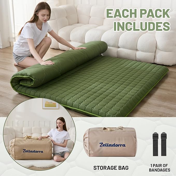 Japanese Floor Mattress Full, Anti-Slip Japanese Futon Foldable Tatami Mat for Guests, Green