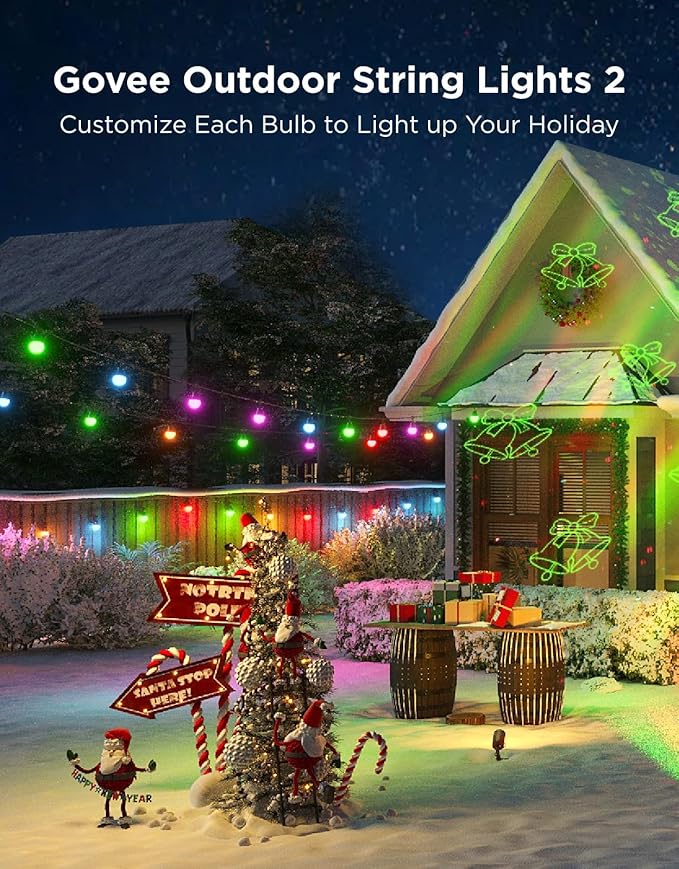 Govee Smart Outdoor String Lights 2, 144ft Outdoor Lights with Dimmable Warm White LED Bulbs, 47 Scene Modes for Patio, Backyard, Balcony, IP65 Waterproof, Works with Alexa, App Control