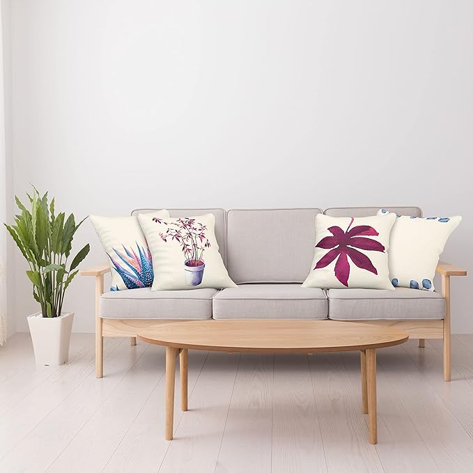 Ambesonne Botanical Throw Pillow Cushion Case Pack of 4, Minimalist Watercolor Painting Leaves Agave Branches Plant in a Pot, Modern Accent Double-Sided Digital Printing, 20", Dark Pink and Ceil Blue