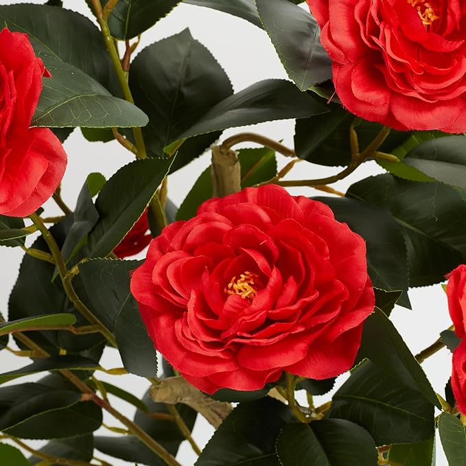3FT Artificial Camellia Tree, 2 Pack Fake Camellia Tree Artificial Tree, Faux Floral Plants in Cement Pot, Greenery Potted Plant for Indoor Outdoor Home Office Porch Decor (Red)
