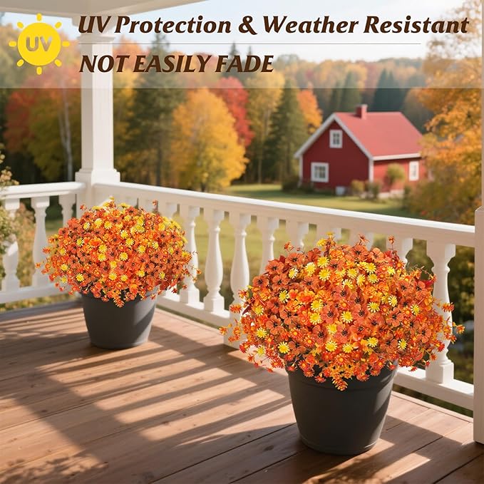 Artificial Fake Mums Flowers Plants for Outdoors Autumn Fall Decoration,16 Bundles Faux mums Mix Silk Glory UV Sun Resistant, Realistic Fall Flowers for Planter Porch Patio Yard Balcony Home Decor
