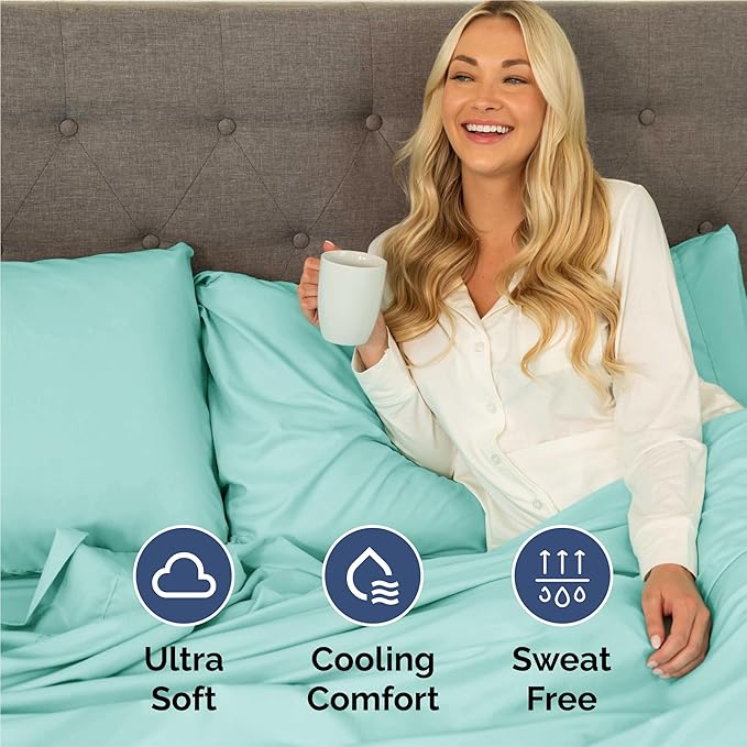 Queen 6 Piece Sheet Set - Comfy Breathable & Cooling - Ultra-Soft Hotel Luxury Bedding Set with 8-16 Inch Deep Pockets - 1 Flat & 1 Fitted Sheet & 4 Pillowcases - Wrinkle Free & Easy Care - Spa Blue