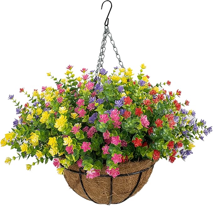 Artificial Hanging Flowers Basket for Outdoor, 16 Fake Flowers Look Real UV Resistant, Faux Hanging Plants for Porch, Balcony, Patio, Garden, Spring Summer Decor,MixB