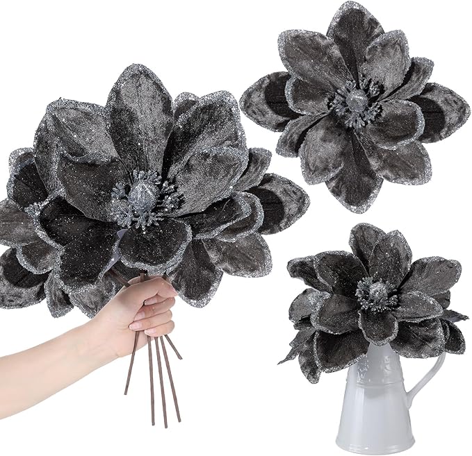 8 Pcs Large Christmas Flower Magnolia Flowers Christmas Tree Decoration Artificial Poinsettia Stems Velvet Xmas Ornaments for Xmas Tree Table Decor(Gery,12 Inch)