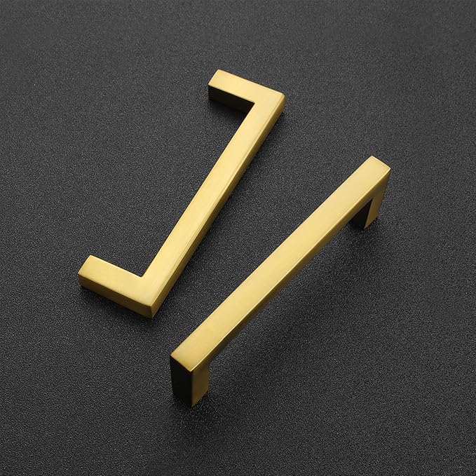 Ravinte 10 Pack Solid Kitchen Cabinet Handles Gold Slim Cabinet Pulls Drawer Pulls with 3-1/2 Inch Hole Center Square Bar Kitchen Cabinet Hardware Brushed Brass Cabinet pulls