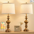 27.5" Farmhouse Table Lamps Set of 2 Bedside Nightstand Lamp with USB C+A Ports & AC Outlet, 3 Way Dimmable Touch Lamps for Bedroom Living Room Office Rustic Lamp (Rotary Switch-Copper)