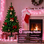 66Ft 200LED Pink Christmas Tree Lights Plug in,8 Modes Connectable Pink String Light Indoor Outdoor for Christmas Tree Bedroom Garden Decor (Clear Wire)